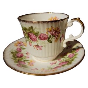 Vtg Royal Dover Fine Bone China Pink Yellow Floral Teacup Saucer Gold Trim